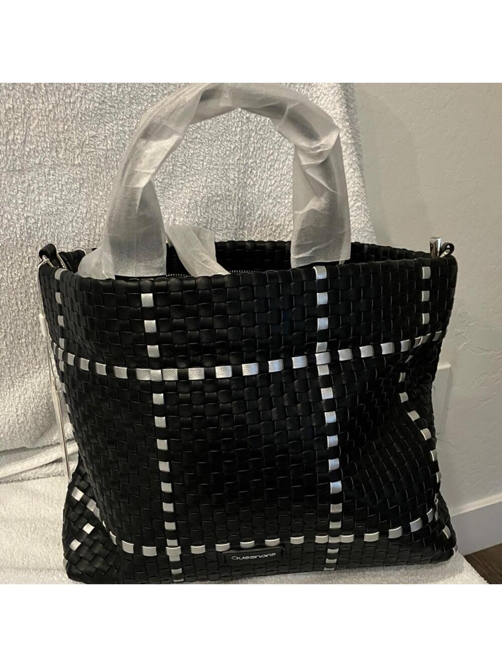 NWT Black Woven Tote with White Check Pattern